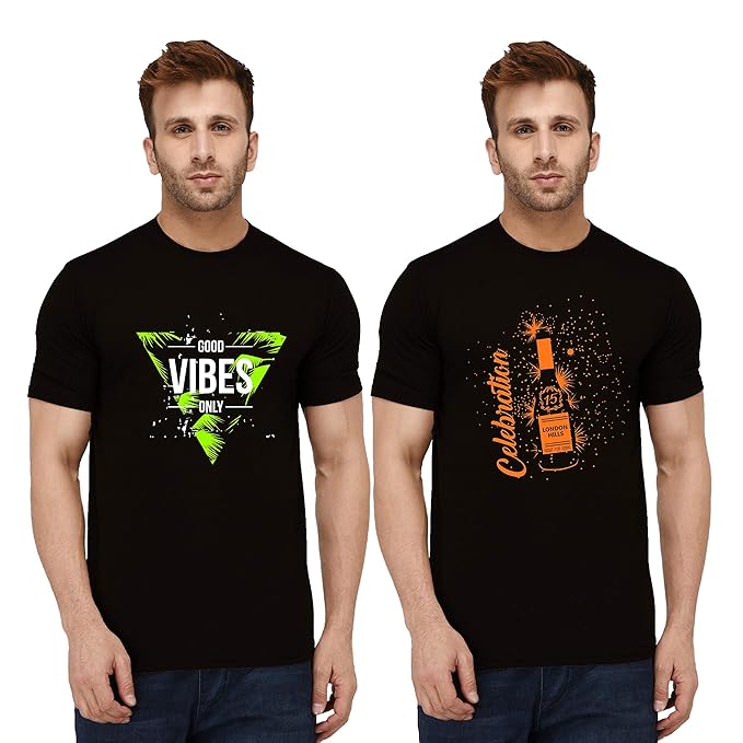 London Hills Mens Cotton Blend Slim Trendy Printed Crew Neck/Round Neck Half Sleeve Tshirt - Pack of 2