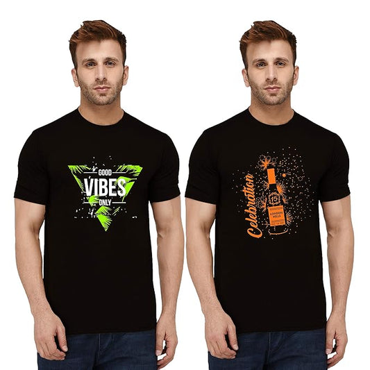 London Hills Mens Cotton Blend Slim Trendy Printed Crew Neck/Round Neck Half Sleeve Tshirt - Pack of 2