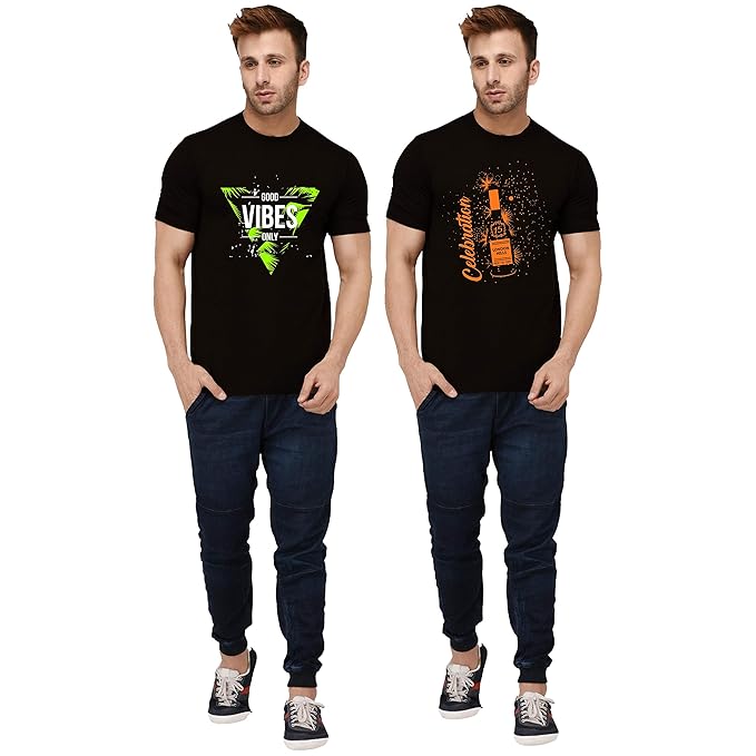 London Hills Mens Cotton Blend Slim Trendy Printed Crew Neck/Round Neck Half Sleeve Tshirt - Pack of 2