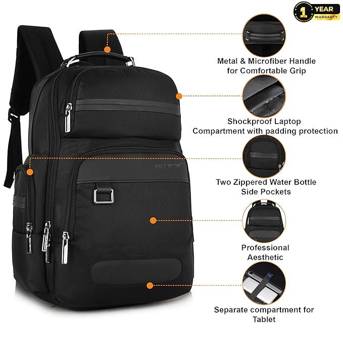 Half Moon Orion Business Backpack for Man 30L Heavy Duty Premium Laptop Backpack 1680D Polyester 15.6-inch Padded Laptop Bag Water/Scratch-resistant Multiple Pockets with 1 Year Warranty